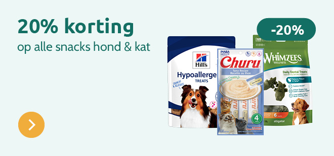 20% korting op alle snacks voor hond & kat 