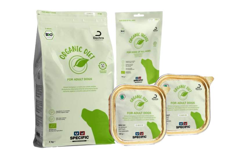 Recycleerbare verpakking van de Specific Organic Diet droogvoeding.