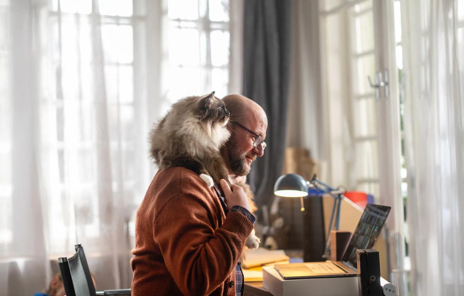 Photo d'un homme à son bureau, avec un chat allongé sur ces épaules
