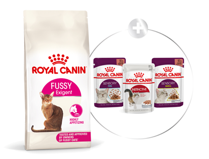 De brokjes Fussy Exigent kunnen gecombineerd worden met het Royal Canin Savoury of Exigent natvoer.