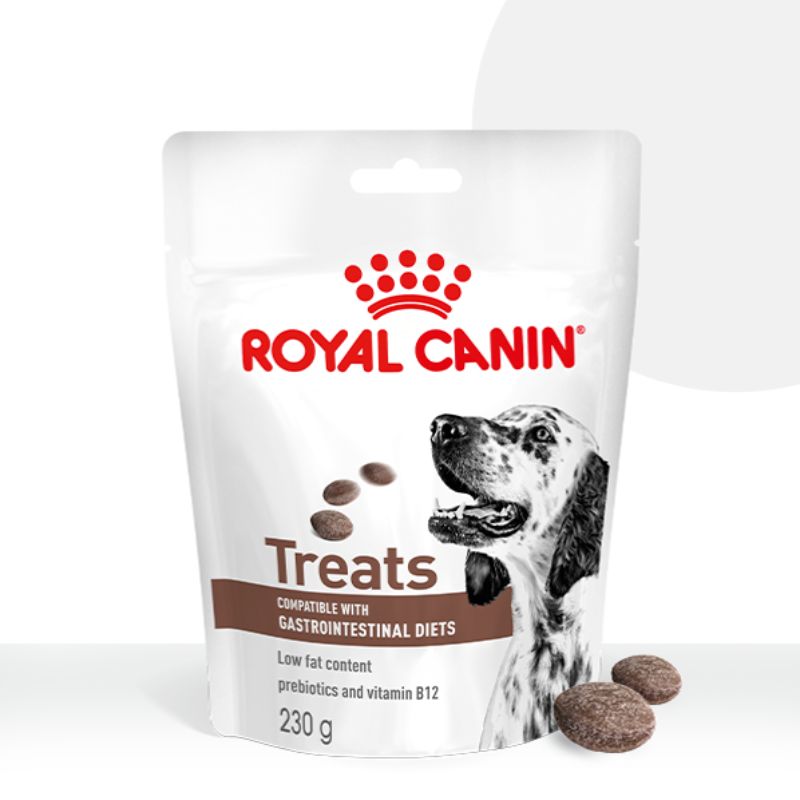 De verpakking van Royal Canin Treats voor Gastrointestinal diets, met enkele snoepjes in de voorgrond.