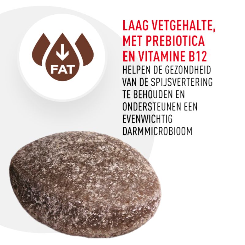 Laag vetgehalte, met prebiotica en vitamine B12 helpen de gezondheid van de spijsvertering te behouden en ondersteunen een evenwichtig darmmicrobioom.