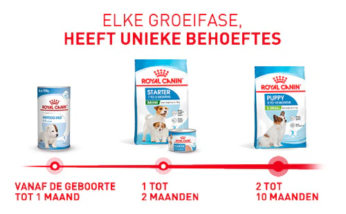 Elke groeifase heeft unieke behoeftes. Tijdslijn: vanaf de geboorte Royal Canin Babydog Milk, 1 tot 2 maanden Royal Canin Starter Mini, 2 tot 10 maanden Royal Canin Puppy X-Small