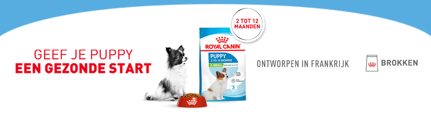 Geef je puppy een gezonde start. Royal Canin X-Small Puppyvoer 2 tot 12 maanden. Ontworpen in Frankrijk.