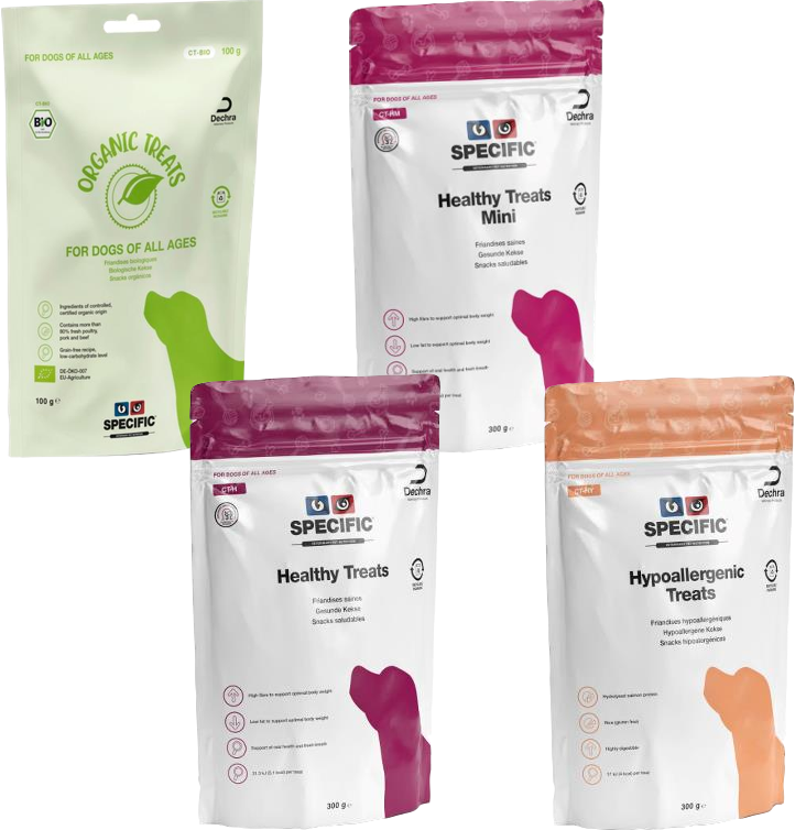 Healthy treats, hypoallergenic treats en biologische snacks van Specific.