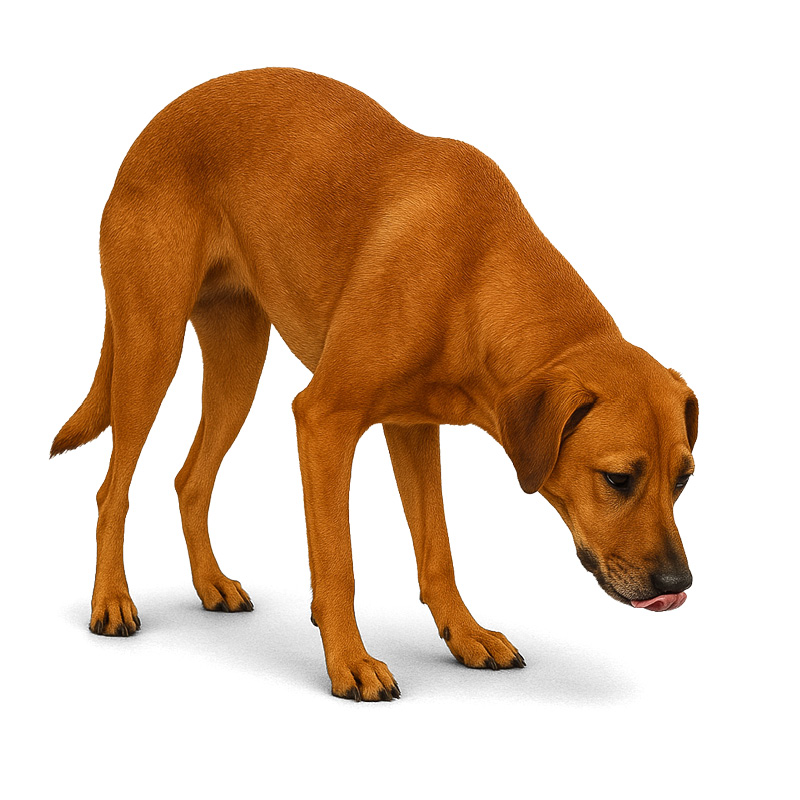 Chien avec la tête baissée et le dos courbé à cause de douleurs à l’estomac
