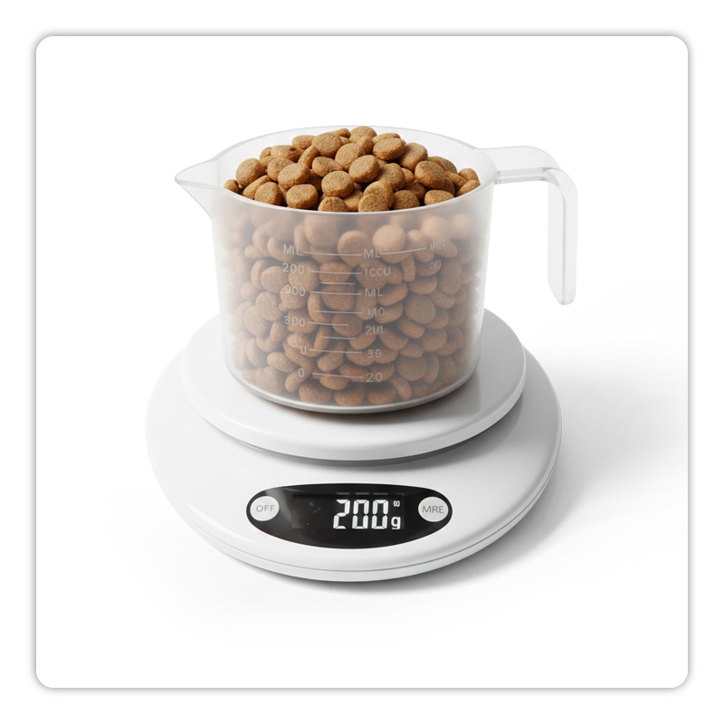 Doseur rempli de croquettes sur une balance num&eacute;rique, mesure des portions.