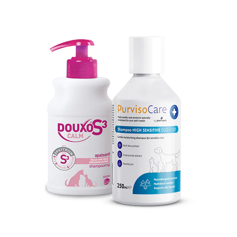 De DOUXO&reg; Calm shampoo verzacht de gevoelige huid
