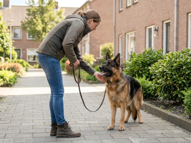 Hond en baasje houden buiten een korte trainingsessie