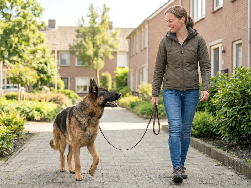 Hond en baasje zijn ontspannen op wandel met een losse lijn