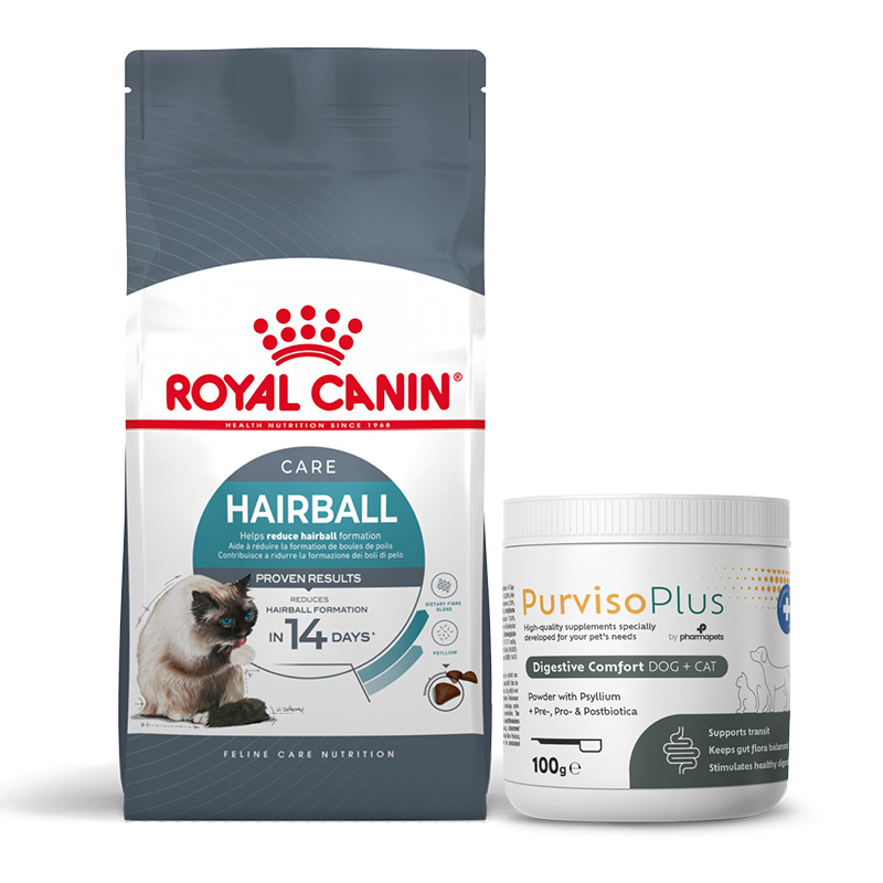 Royal Canin anti haarbal voeding en Purviso Plus supplement Digestive Comfort om haarballen te verminderen.