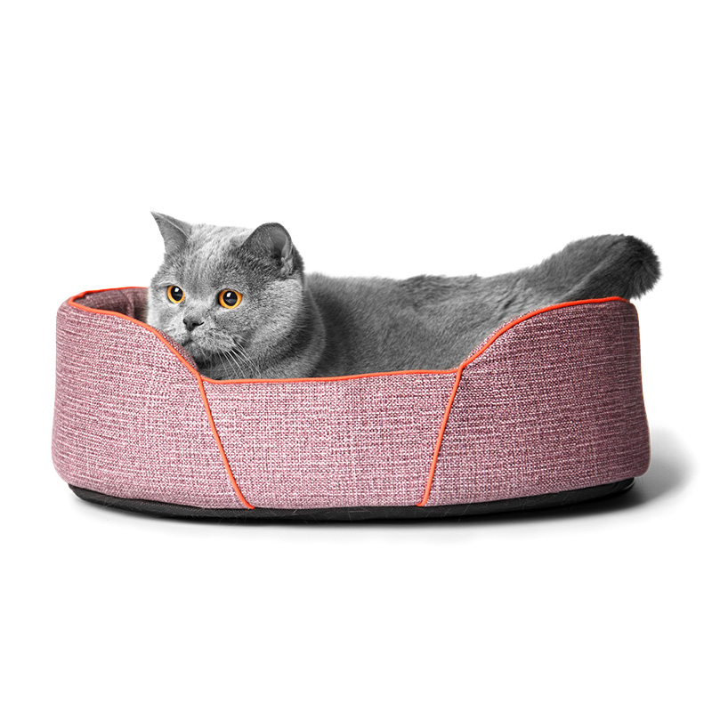 Chat détendu dans un panier rose, illustrant l'importance de rester dans un environnement familier pendant les absences.