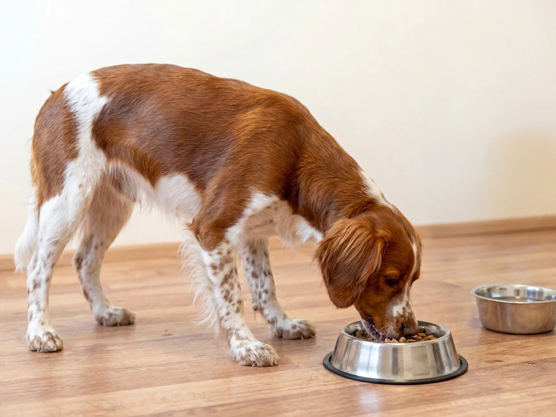hond eet van nieuwe voeding die geleidelijk aan wordt opgebouwd
