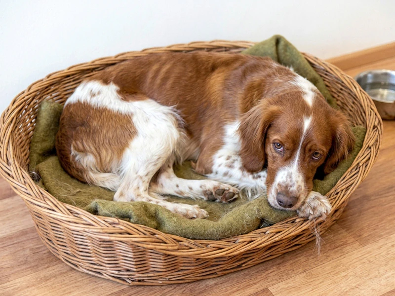 hond met gewichtsverlies door braken en diarree ligt in zijn mand