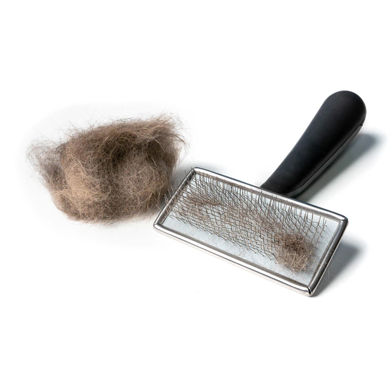 Haarborstel voor katten met een pluk haar want borstelen tijdens de rui is goed voor een gezonde kattenvacht