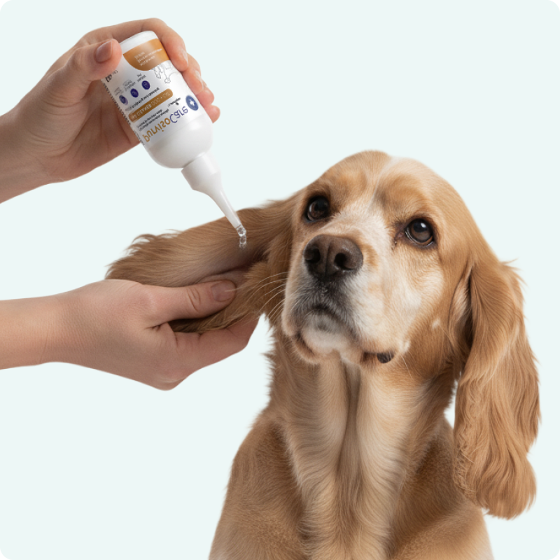 Propriétaire de chien nettoyant les oreilles de son chien avec le nettoyant auriculaire Purviso