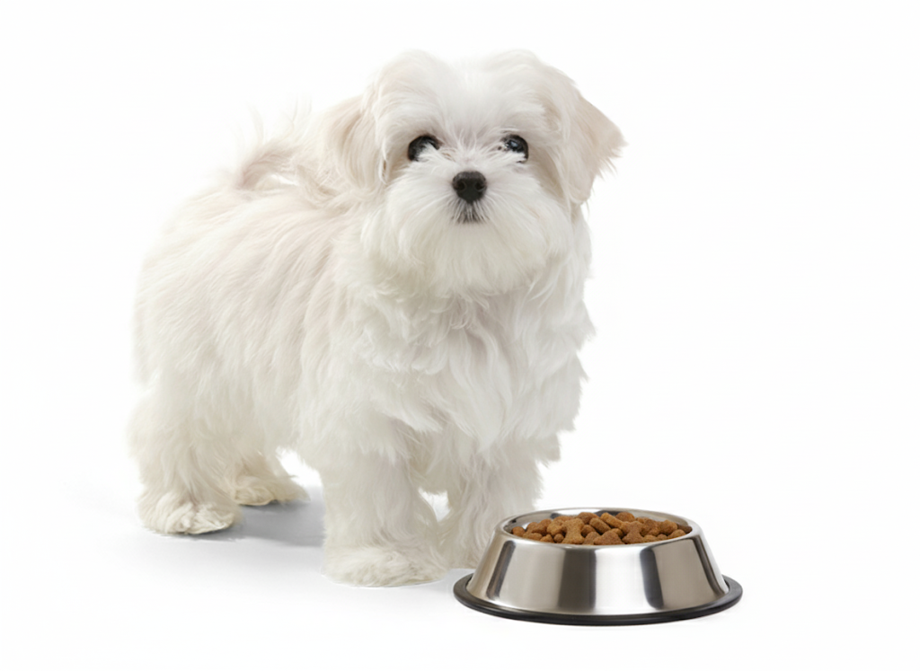 Maltezer eet hondenbrokjes