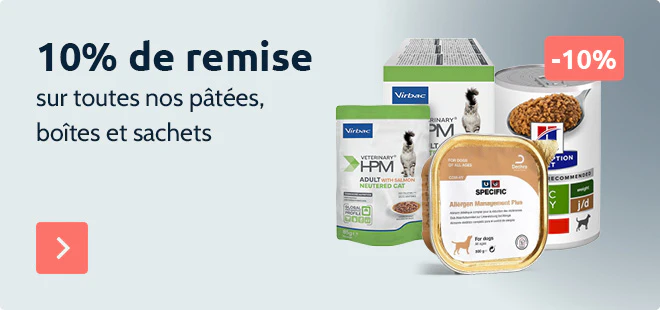 10% de remise sur toutes nos boîtes, sachets et pâtées