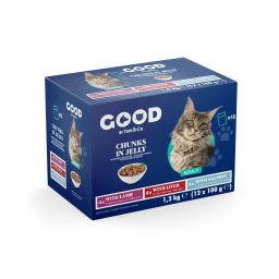Good Natvoer Stukjes in Gelei voor Volwassen Katten met Lam, Lever & Zalm 12x100g