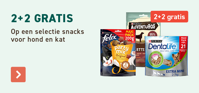 2+2 gratis op een selectie snacks voor hond en kat